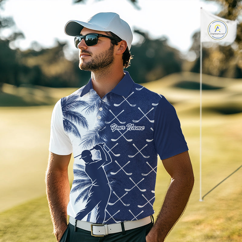 Blue Tropical Palm Trees Golf Club Pattern Mens Golf Polo Shirts Custom Team Golf Shirt NBT567