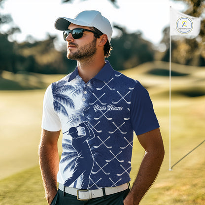 Blue Tropical Palm Trees Golf Club Pattern Mens Golf Polo Shirts Custom Team Golf Shirt NBT567