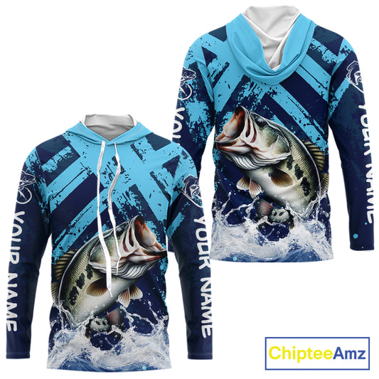 Bass Fishing Blue Camo Long Sleeve Hooded Fishing Shirts UV Protection, Bass Fishing Jerseys NBT460