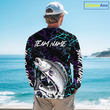 Load image into Gallery viewer, Angler wearing Redfish Fishing neon blue long sleeve saltwater fishing shirt on the boat with custom team name on the back