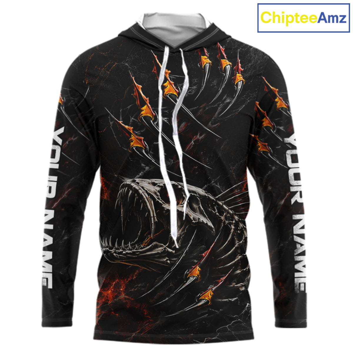 Personalized Fishing Fish Skeleton Fire Flame Hooded Fishing Shirts, Fish Reaper Skull Fishing Shirts NBT972