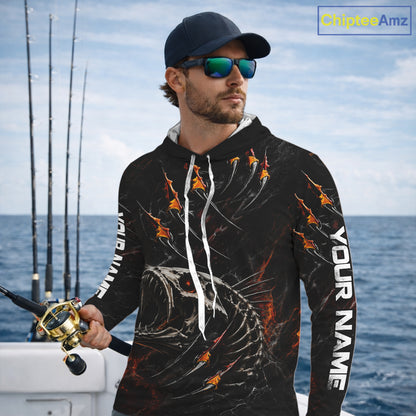 Personalized Fishing Fish Skeleton Fire Flame Hooded Fishing Shirts, Fish Reaper Skull Fishing Shirts NBT972