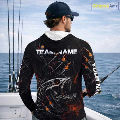 Personalized Fishing Fish Skeleton Fire Flame Hooded Fishing Shirts, Fish Reaper Skull Fishing Shirts NBT972