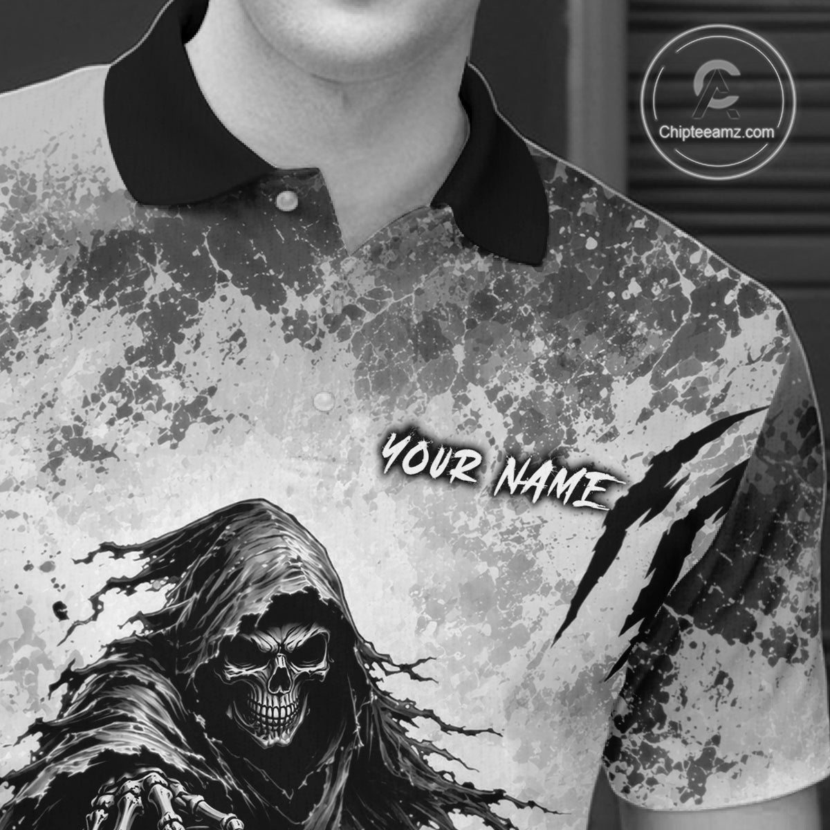 Custom Gray Camo Skeleton Grim Reaper Bowling Men Quarter-Zip Shirt, Halloween Bowling Jersey NBT911