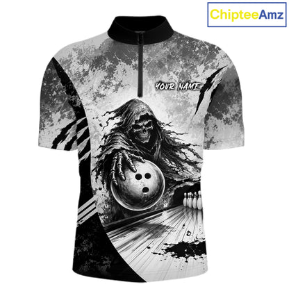Custom Gray Camo Skeleton Grim Reaper Bowling Men Quarter-Zip Shirt, Halloween Bowling Jersey NBT911
