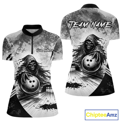 Custom Gray Camo Skeleton Grim Reaper Bowling Women Quarter-Zip Shirt, Halloween Bowling Jersey NBT911