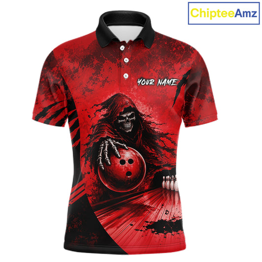 Front view of custom red camo skeleton Grim Reaper bowling men’s polo shirt