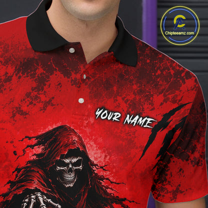Custom Red Camo Skeleton Grim Reaper Bowling Men Quarter-Zip Shirt, Halloween Bowling Jersey NBT912