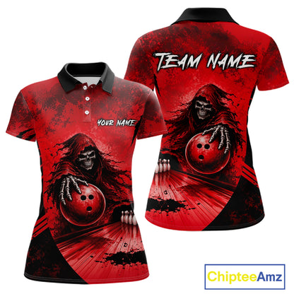Custom Red Camo Skeleton Grim Reaper Bowling Women Quarter-Zip Shirt, Halloween Bowling Jersey NBT912