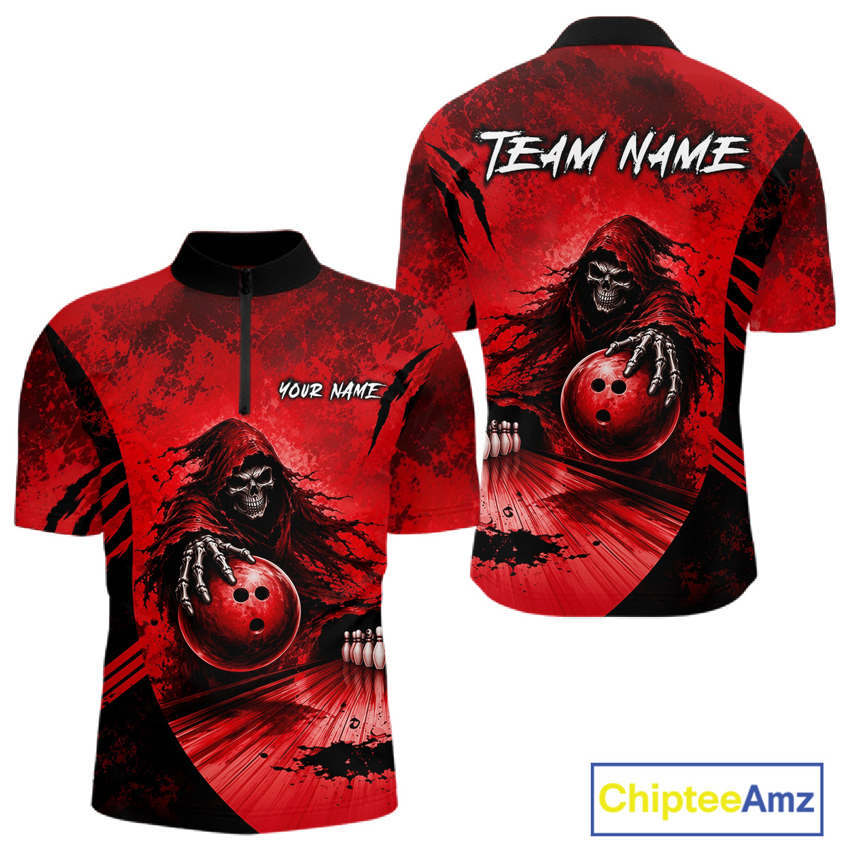 Custom Red Camo Skeleton Grim Reaper Bowling Men Quarter-Zip Shirt, Halloween Bowling Jersey NBT912