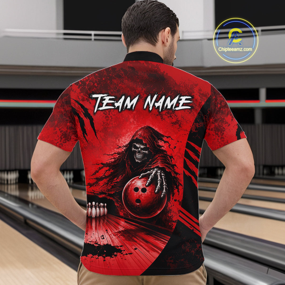 Custom Red Camo Skeleton Grim Reaper Bowling Men Quarter-Zip Shirt, Halloween Bowling Jersey NBT912