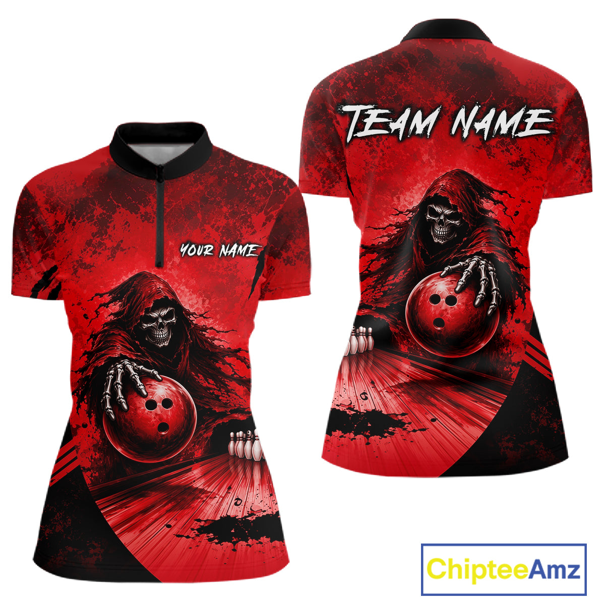 Custom Red Camo Skeleton Grim Reaper Bowling Women Quarter-Zip Shirt, Halloween Bowling Jersey NBT912
