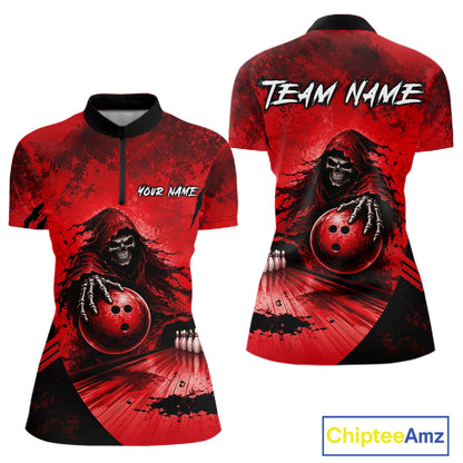 Custom Red Camo Skeleton Grim Reaper Bowling Women Quarter-Zip Shirt, Halloween Bowling Jersey NBT912