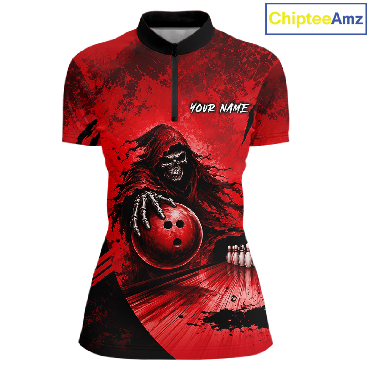 Custom Red Camo Skeleton Grim Reaper Bowling Women Quarter-Zip Shirt, Halloween Bowling Jersey NBT912
