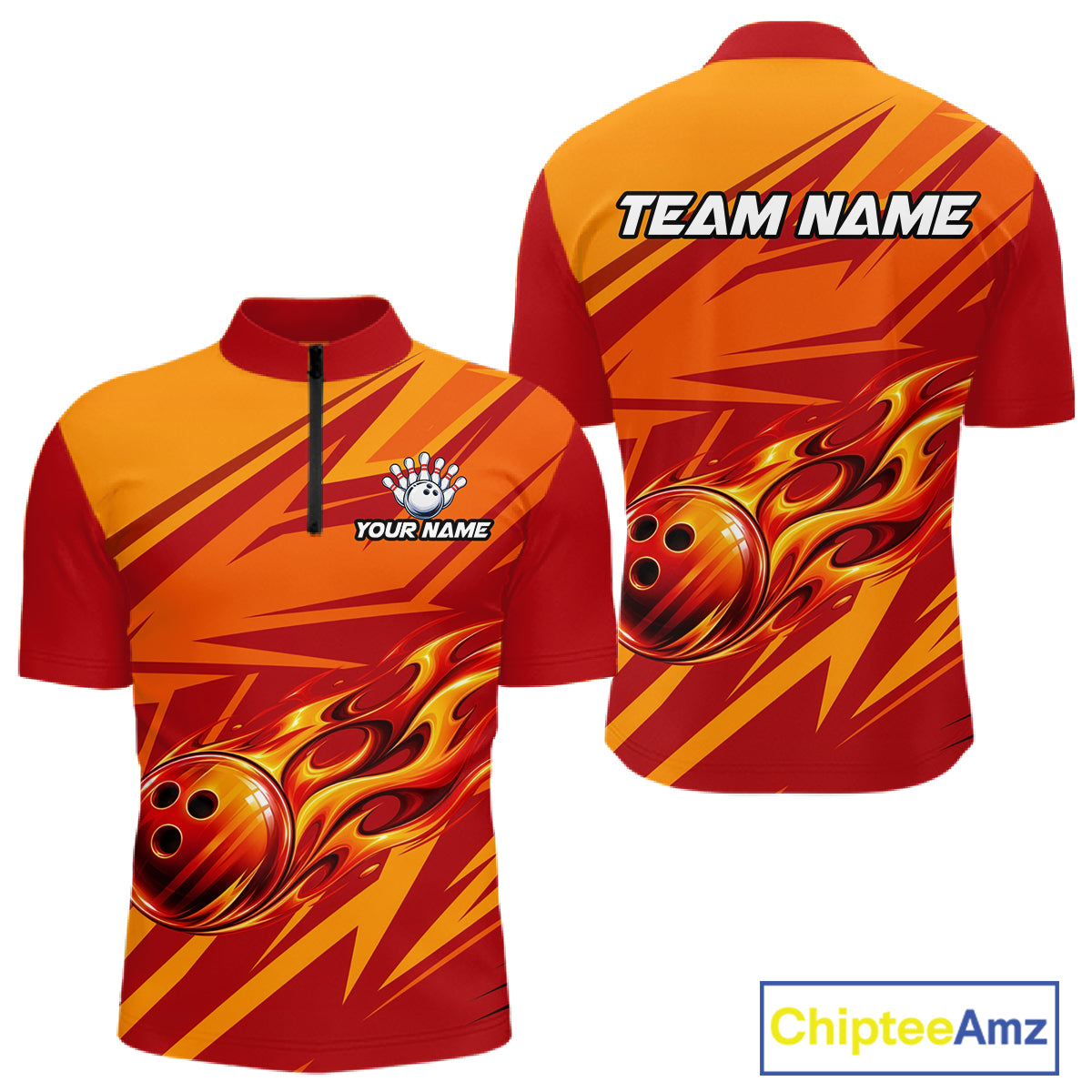 Red Orange Custom Flame Bowling Polo & 1/4 Quarter Zip Shirts For Men, Fire Bowling Team Jersey NBT982