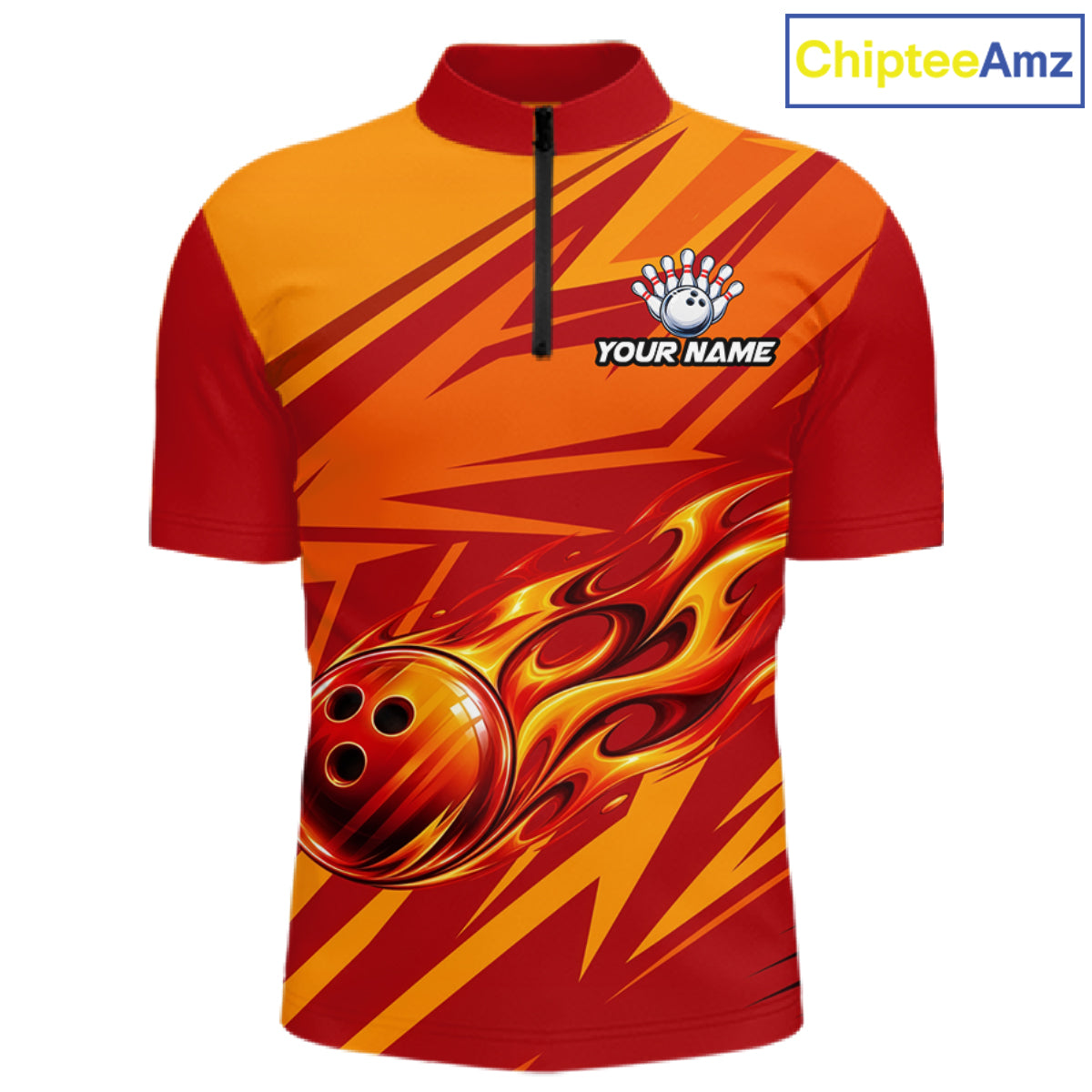 Red Orange Custom Flame Bowling Polo & 1/4 Quarter Zip Shirts For Men, Fire Bowling Team Jersey NBT982