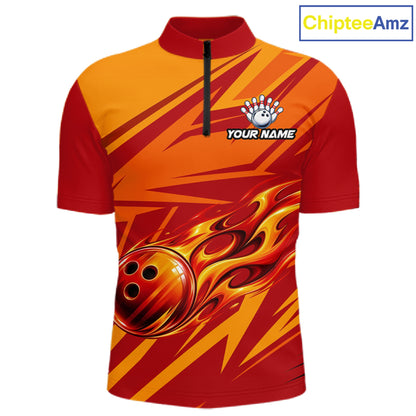 Red Orange Custom Flame Bowling Polo & 1/4 Quarter Zip Shirts For Men, Fire Bowling Team Jersey NBT982
