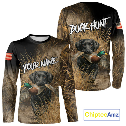 Custom Duck Hunting with Black Labrador Retriever US Flag Camo Shirts, Duck Hunting Clothes for Men NBT130