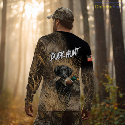 Custom Duck Hunting with Black Labrador Retriever US Flag Camo Shirts, Duck Hunting Clothes for Men NBT130
