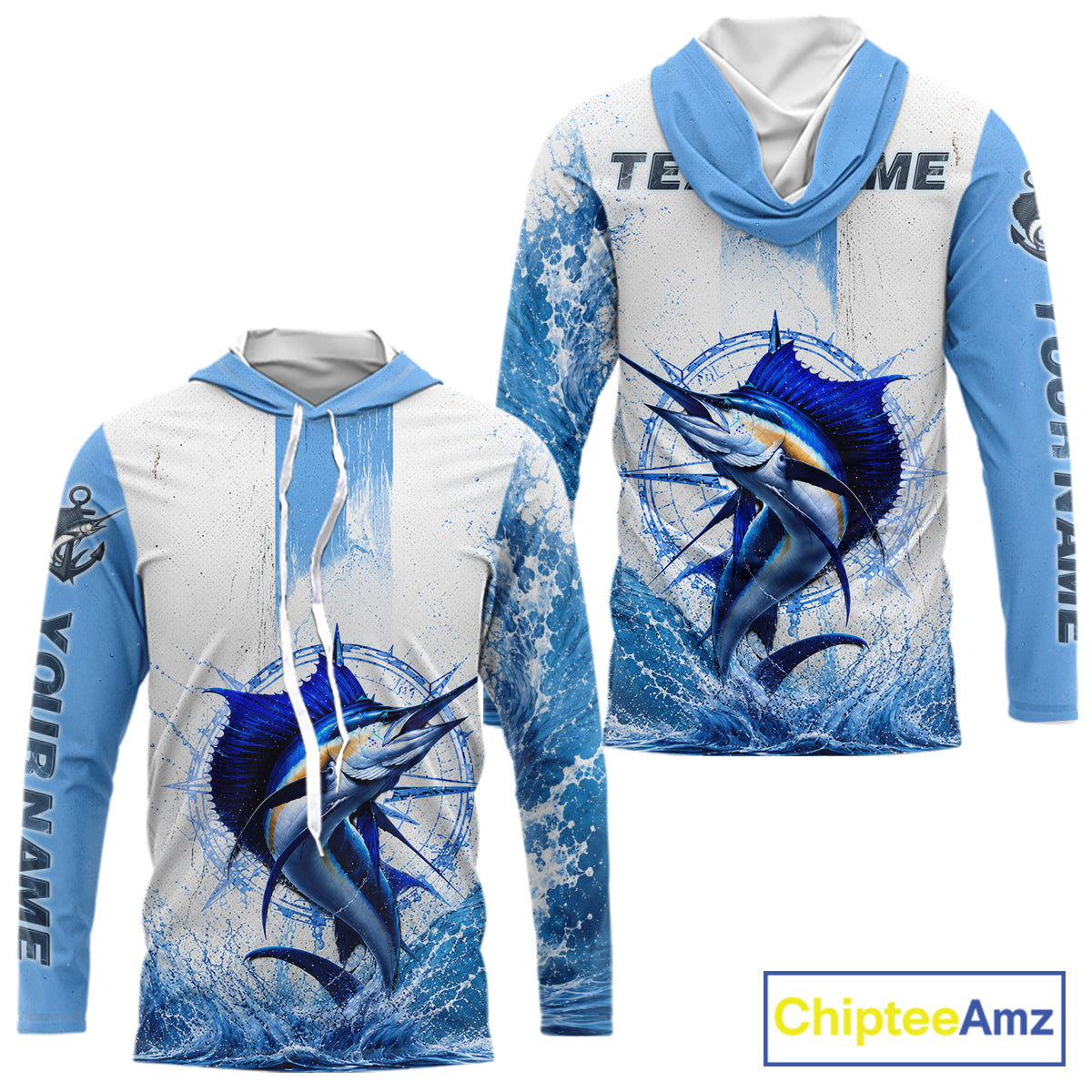 Front and back view of Sailfish long sleeve hooded fishing shirt custom sailfish fishing long sleeve UPF 30+ fishing shirt with sailfish graphic and custom name left sleeve