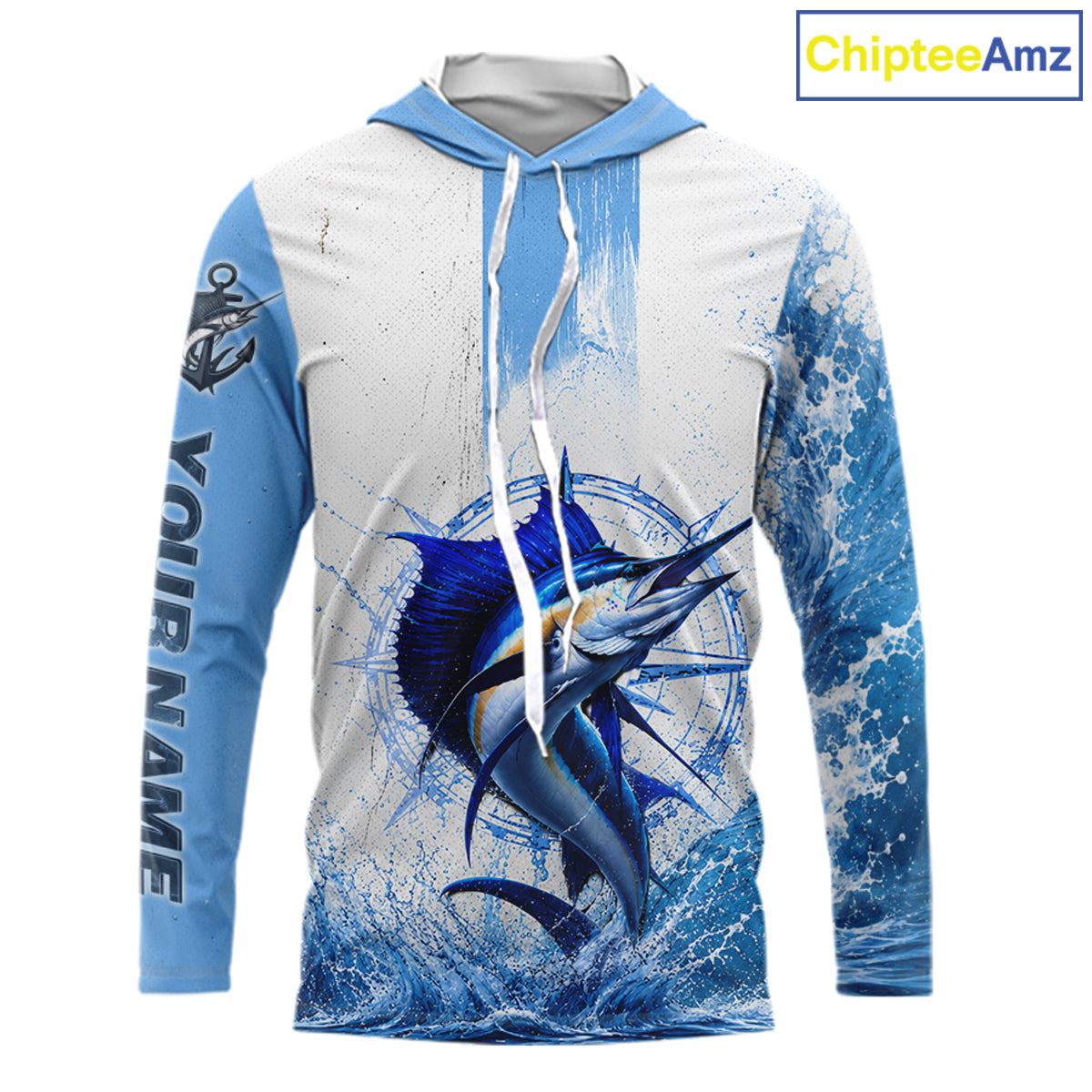 Front view of Sailfish long sleeve hooded fishing shirt custom sailfish fishing long sleeve UPF 30+ fishing shirt with sailfish graphic and custom name left sleeve