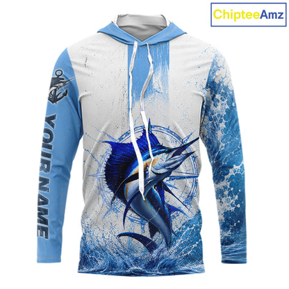 Front view of Sailfish long sleeve hooded fishing shirt custom sailfish fishing long sleeve UPF 30+ fishing shirt with sailfish graphic and custom name left sleeve