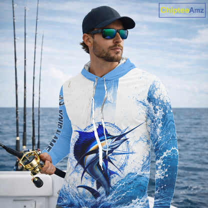 Angler wearing Sailfish long sleeve hooded fishing shirt custom sailfish fishing, breathable UPF 30+ long sleeve hooded fishing shirt on the boat