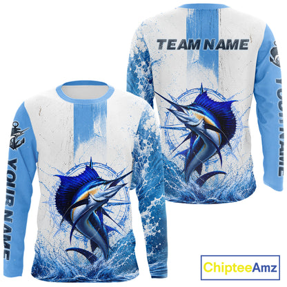 Front and back view Sailfish Performance Fishing Shirt custom sleeve UPF long sleeve fishing shirt
