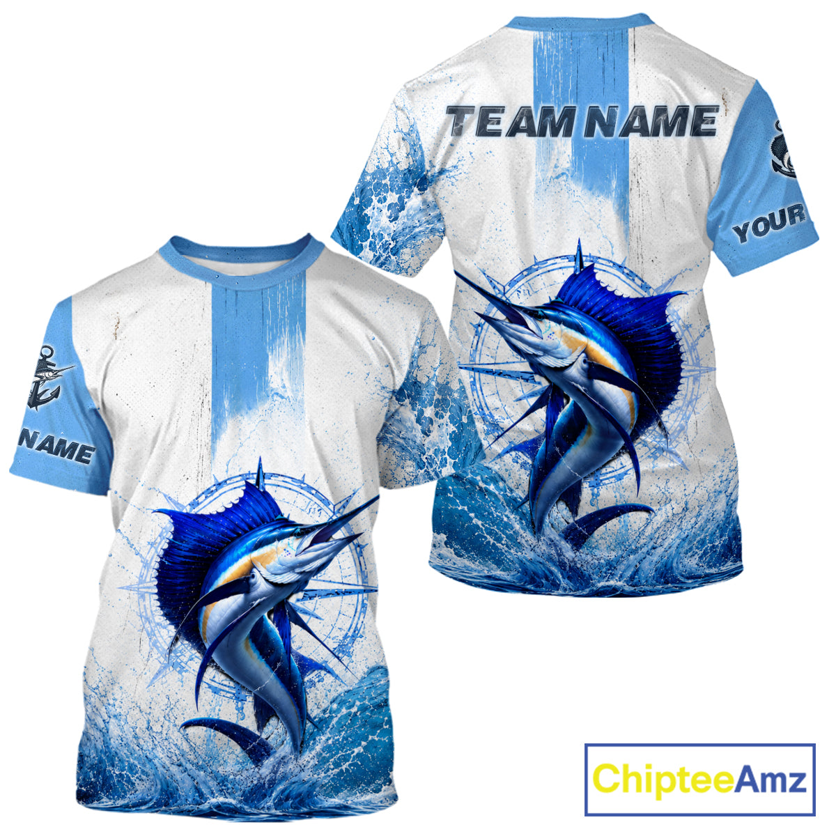 Front and back view of Sailfish performance fishing shirt custom fishing T-shirt, lightweight moisture-wicking UPF fabric with Sailfish graphic
