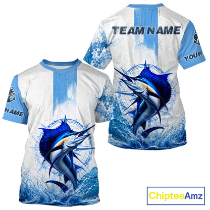 Front and back view of Sailfish performance fishing shirt custom fishing T-shirt, lightweight moisture-wicking UPF fabric with Sailfish graphic