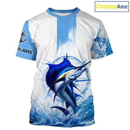 Front view of Sailfish performance fishing shirt custom fishing T-shirt, lightweight moisture-wicking UPF fabric with Sailfish graphic