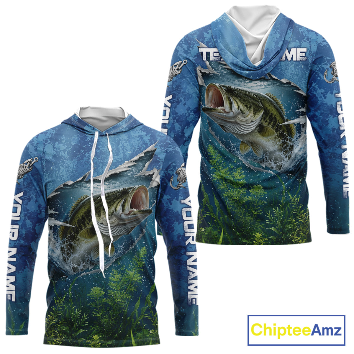 Front and back view of Personalized Bass Fishing Jersey custom camo long sleeve hooded bass fishing shirt, long sleeve UPF 30+ fishing shirt with bass graphic and custom name on sleeves