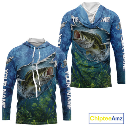 Front and back view of Personalized Bass Fishing Jersey custom camo long sleeve hooded bass fishing shirt, long sleeve UPF 30+ fishing shirt with bass graphic and custom name on sleeves