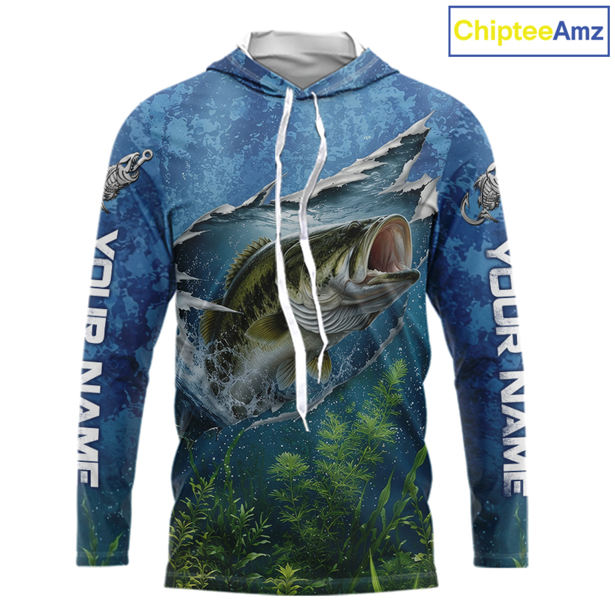Front view of Personalized Bass Fishing Jersey custom camo long sleeve hooded bass fishing shirt, long sleeve UPF 30+ fishing shirt with bass graphic and custom name on sleeves
