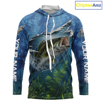 Front view of Personalized Bass Fishing Jersey custom camo long sleeve hooded bass fishing shirt, long sleeve UPF 30+ fishing shirt with bass graphic and custom name on sleeves