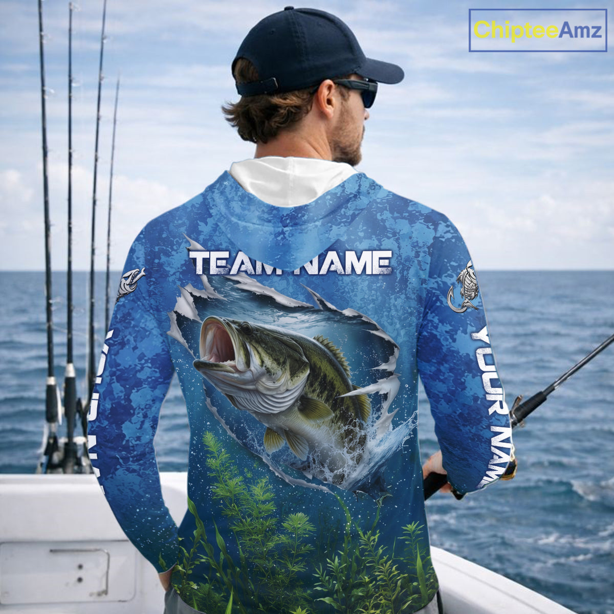 Model wearing Personalized Bass Fishing Jersey custom camo long sleeve hooded bass fishing shirt, breathable UPF 30+ long sleeve hooded fishing shirt on the boat