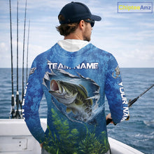 Load image into Gallery viewer, Model wearing Personalized Bass Fishing Jersey custom camo long sleeve hooded bass fishing shirt, breathable UPF 30+ long sleeve hooded fishing shirt on the boat