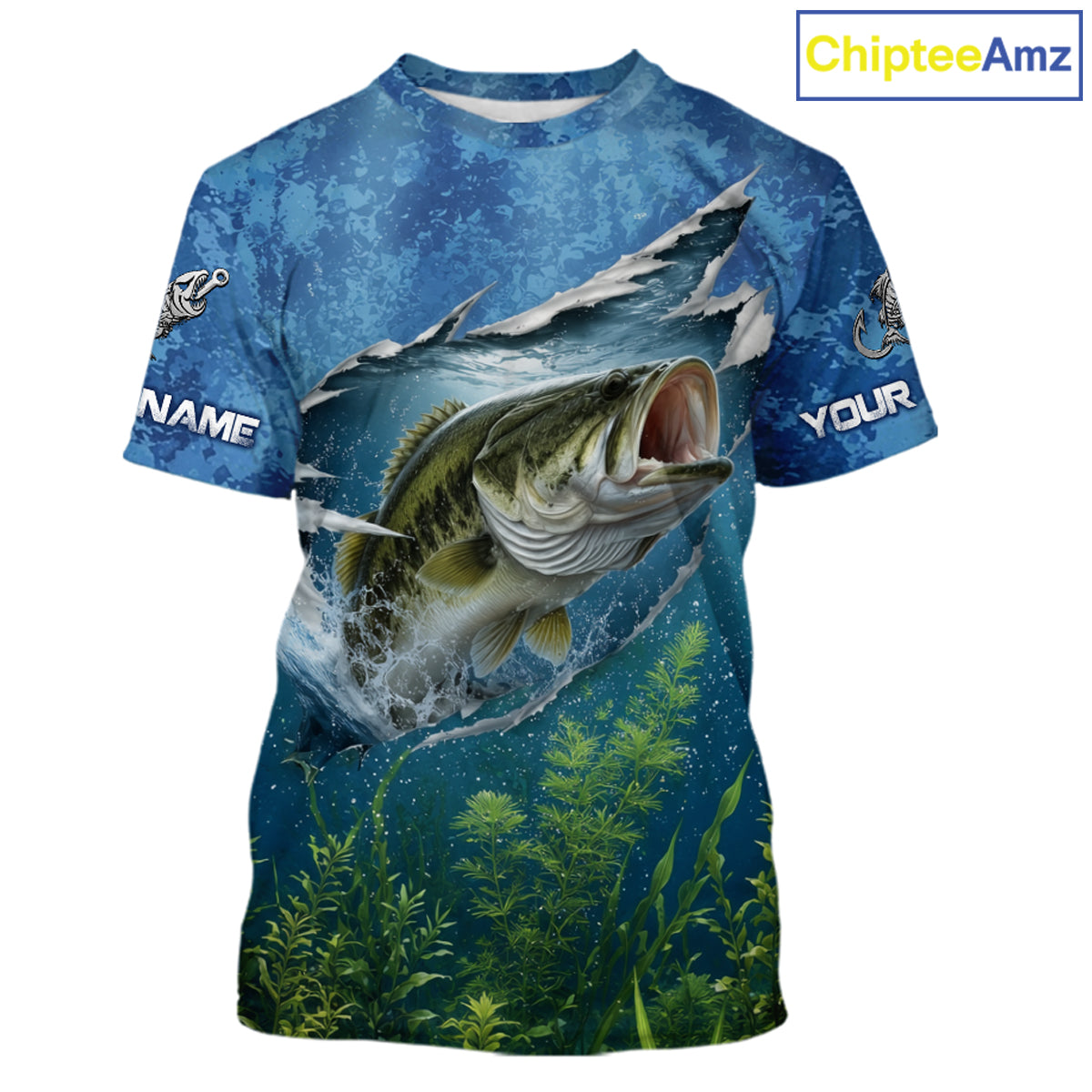 Front view of Personalized Bass Fishing Jersey custom camo bass fishing tournament T-Shirt, lightweight UPF 30+ fishing shirt with bass graphic and custom name 