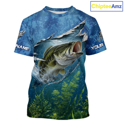 Front view of Personalized Bass Fishing Jersey custom camo bass fishing tournament T-Shirt, lightweight UPF 30+ fishing shirt with bass graphic and custom name 