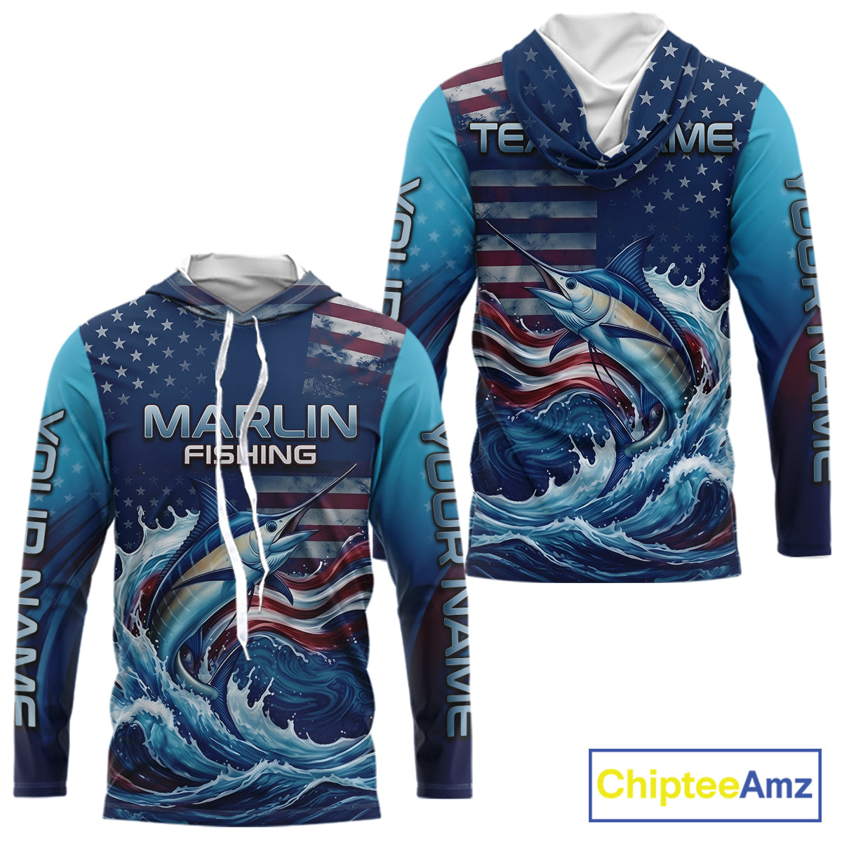 Front and back view of Personalized American Flag Marlin Fishing Shirt Patriotic Marlin Long Sleeve Hooded Shirt, long sleeve UPF 30+ fishing shirt with American Flag Marlin graphic and custom name on sleeves