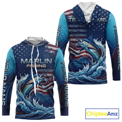 Front and back view of Personalized American Flag Marlin Fishing Shirt Patriotic Marlin Long Sleeve Hooded Shirt, long sleeve UPF 30+ fishing shirt with American Flag Marlin graphic and custom name on sleeves