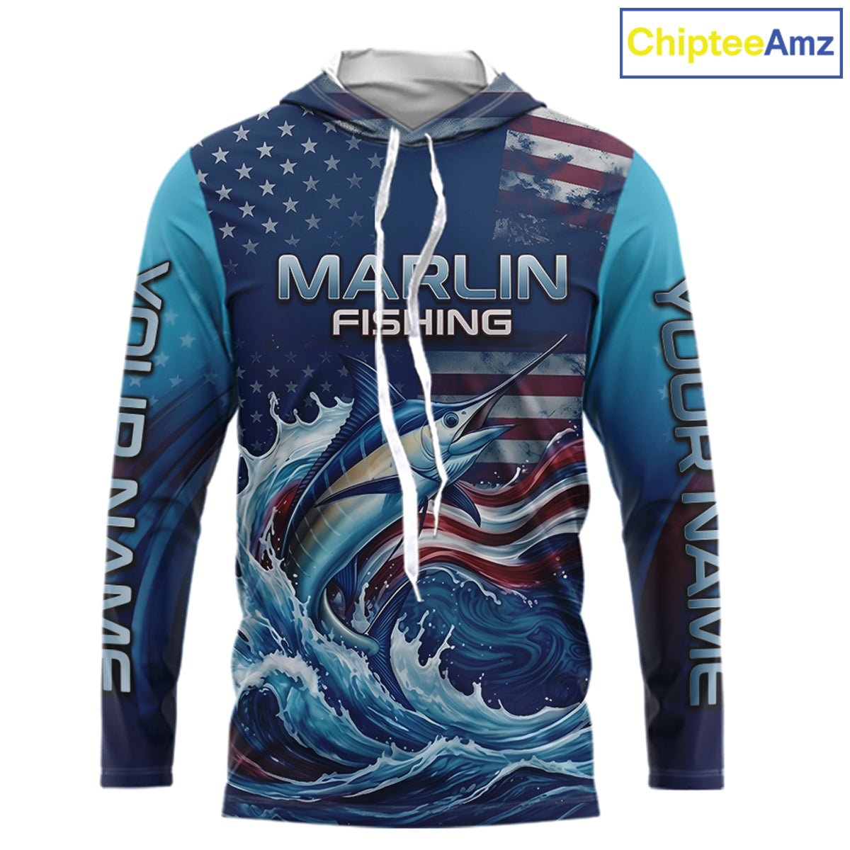 Front view of Personalized American Flag Marlin Fishing Shirt Patriotic Marlin Long Sleeve Hooded Shirt, long sleeve UPF 30+ fishing shirt with American Flag Marlin graphic and custom name on sleeves