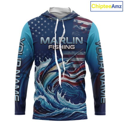 Front view of Personalized American Flag Marlin Fishing Shirt Patriotic Marlin Long Sleeve Hooded Shirt, long sleeve UPF 30+ fishing shirt with American Flag Marlin graphic and custom name on sleeves