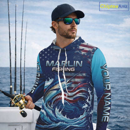 Angler wearing Personalized American Flag Marlin Fishing Shirt Patriotic Marlin Long Sleeve Hooded Shirt, breathable UPF 30+ long sleeve hooded fishing shirt on the boat