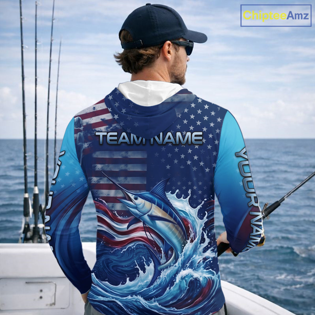 Angler wearing Personalized American Flag Marlin Fishing Shirt Patriotic Marlin Long Sleeve Hooded Shirt, breathable UPF 30+ long sleeve hooded fishing shirt on the boat
