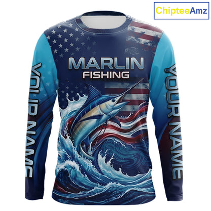 Front view American Flag Marlin Fishing Shirt personalized patriotic long sleeve UPF fishing shirt