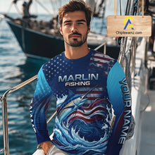 Load image into Gallery viewer, Angler wearing American Flag Marlin Fishing Shirt personalized patriotic long sleeve UPF saltwater fishing