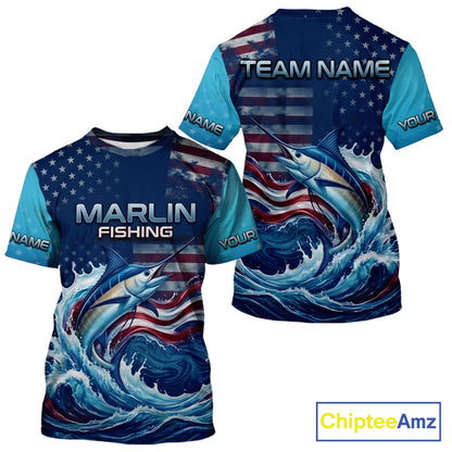 Personalized American Flag Marlin Fishing Shirts, Patriotic Marlin Fishing T-Shirts NBT841