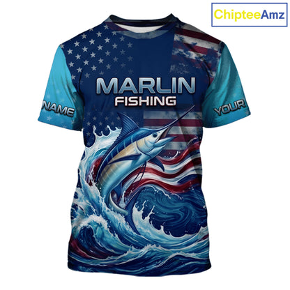 Personalized American Flag Marlin Fishing Shirts, Patriotic Marlin Fishing T-Shirts NBT841