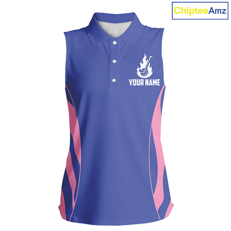 front view of pink and blue animal print womens golf polo